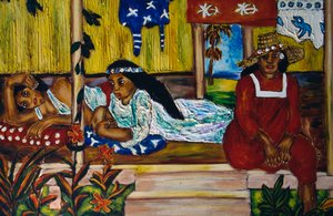 Femmes polynésiennes, vitrail, île de Moorea, îles de la Société, Polynésie française, territoire d