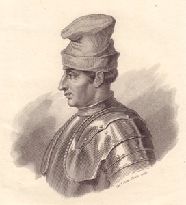 Portrait du chef militaire italien Niccolo Fortebraccio aussi connu sous le nom de della Stella (1389-1435), gravure sur cuivre par Caterina Piotti-Pirola