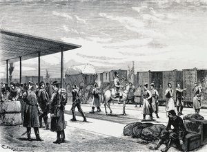 Convoi militaire russe à la gare de Bustiu, sur la ligne de chemin de fer Bucarest-Galati, guerre russo-turque, gravure, Roumanie