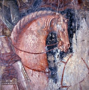 Saint à cheval, fresque dans une église à Palaia Roumata, Crète, Grèce (détail)