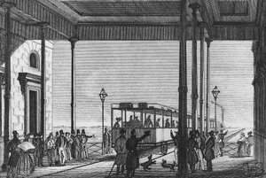 Train quittant la gare de Venezia Santa Lucia, Venise, Italie, gravure