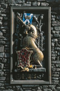 Licorne, blason héraldique sur la façade du palais de Holyrood, Édimbourg, Écosse, Royaume-Uni