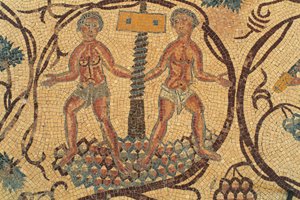 Presse à vin, détail de la mosaïque de sol avec des scènes de la vie quotidienne, Église des Saints Lot et Procope, Nebo, Khirbet al-Mukhayyat, Jordanie, civilisation byzantine, VIe siècle après J.-C.