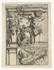 Deux cariatides, une flûte de Pan, un arc et une flèche et un bouclier