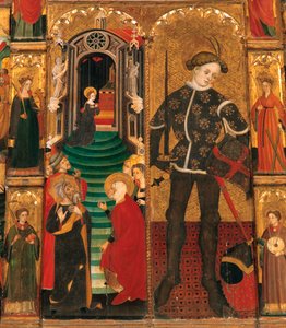 Période gothique. Retable de la Vierge et de saint Georges (Sant Jordi), de Lluis Borrassa (1360-1426). Peinture sur bois. Œuvre réalisée à Barcelone vers 1390-1400. Détail, Présentation de Marie dans le Temple et Saint Georges (Sant Jordi / San Jorge) en  - Lluís Borrassà