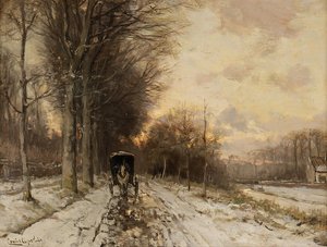 Une charrette tirée par des chevaux sur un chemin enneigé (huile sur panneau)
