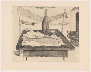 Nature morte avec poisson, bouteille et filet de pêche - Lodewijk Schelfhout (signed by artist)