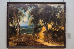 La forêt de Soignes avec des vendeurs de marché - Lodewijk de Vadder