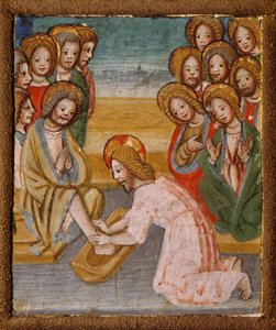 Lavement des pieds, (détail) des Histoires du Christ, autel portable par un peintre lombard anonyme