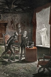 Illustration du roman de Jules Verne "Le château des Carpathes", édition Hetzel/Voyages extraordinaires, écrit entre 1884 et 1889, publié en 1892, dessin de Léon Benett. La Stilla, une chanteuse décédée, apparut à Franz de Telek, grâce à un dispositif conç