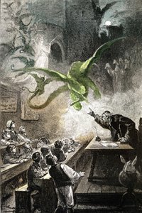 Illustration du roman de Jules Verne « Le château des Carpathes », édition Hetzel/Voyages extraordinaires 1892, dessin de Léon Benett. Le magister Hermod évoque le château avec des dragons, fées, démons, spectres, revenants... - Léon Benett