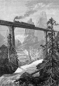 Dessin de Leon Benett, du livre de Jules Verne « Les 500 millions de la Bégum » - édition Hetzel/Voyages Extraordinaires 1879. Train à vapeur passant sur un pont audacieux, dans un paysage de montagne avec torrent