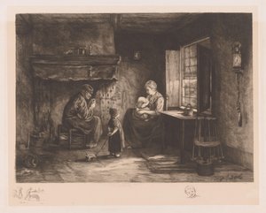 Intérieur de cabane de pêcheur avec un homme, une femme et deux enfants