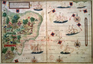 Carte hydrographique du Brésil - Manuscrit enluminé Atlas nautique portugais par le cartographe Loppo Homem 1519 Paris. B.N.