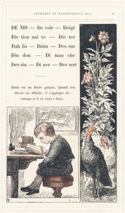 Denis, Devoir, Doigt, Dictionnaire, Dicter, Dahlia, Daim, Sommet, Dinde, Dimanche, Dessin, Dîner, Dessert, page 17 - Alphabet par Mademoiselle Lili, par L. Froelich et par un père (Hetzel lui-même). Bibliothèque & Magasin d