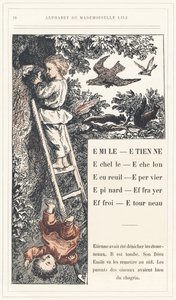 Émile, Étienne, Échelle, Échelon, Écureuil, Moineau, Épinard, Épouvantail, Farry, Stourneau, page 18 - Alphabet par Mademoiselle Lili, par L. Froelich et par un papa (Hetzel lui-même). Bibliothèque & Magasin d
