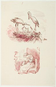 F.o.: Cigognes. F.n.: Femme assise avec une grenouille sur les genoux - Lorenz Frølich