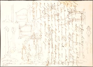 Esquisses de meubles dessinées sur une lettre - Lorenz Frølich