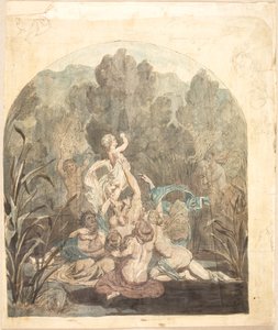 Motif mythologique. Esquisses de paysage, figures de chevaux et profil de visage en marge