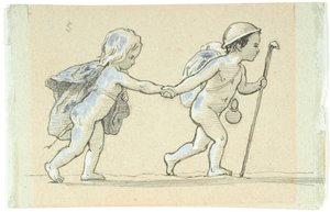 Vignette avec garçon et fille marchant main dans la main