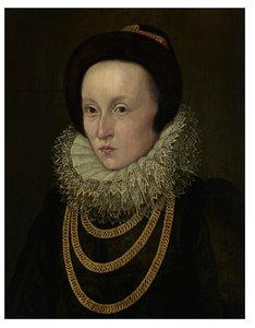 Portrait de femme, buste, avec une collerette en dentelle et des chaînes en or