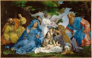 La Sainte Famille avec trois anges, le jeune Saint Jean ... - Lorenzo (workshop of) Lotto