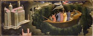Représentation de Saint Nicolas calmant la tempête. Nicolas de Myre (ou Nicolas de Bari) sauvant un bateau du naufrage. Peinture sur bois de Lorenzo Monaco (vers 1370-vers 1423/1424) Florence, Galleria dell