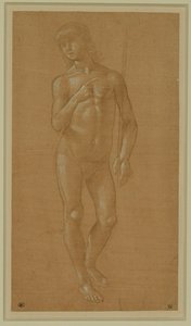 Jeune homme nu, visage plein, tenant un bâton Plume en argent, rehaussée de blanc, papier rose pâle ...
