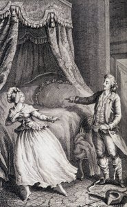 Couple devant le lit de la chambre - dans « Les françaises ou 34 exemples choisis dans les mœurs actuelles propres à diriger les filles, femmes, épouses, mères » de Restif de La Bretonne (1734-1806), ill. par Binet, Neufchâtel - Louis (after) Binet