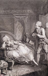 Gentilhomme déclarant son amour à une dame languissante sur une bergère - dans « Les françaises ou 34 exemples choisis dans les mœurs actuelles propres à conduire les filles, épouses, mères » par Restif de La Bretonne (1734-1806), ill. par Binet, Neufchâte - Louis (after) Binet