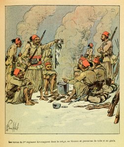 Janvier 1871, les Turcos du 1er régiment bivouaquent dans la neige, en blouses et pantalons de toile et pieds nus