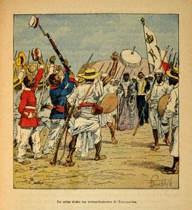 La Guerre à Madagascar-Histoire anecdotique des expéditions françaises de 1885-1895 par Henri Galli dit Galllichet (1854-1922), illustrée par Louis Bombled (1862-1927) : La reine Ranavalona visite les tranchées de Tananarive en 1895, Collection privée