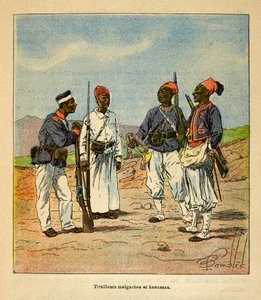 La Guerre à Madagascar-Histoire anecdotique des expéditions françaises de 1885-1895 par Henri Galli dit Galllichet (1854-1922), illustrée par Louis Bombled (1862-1927) : Tirailleurs malgaches et haoussas, Collection privée