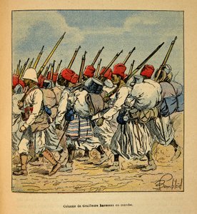 La guerre à Madagascar - Histoire anecdotique des expéditions françaises de 1885-1895 par Henri Galli dit Gallichet (1854-1922), illustrée par Louis Bombled (1862-1927) : Colonne de tirailleurs haoussas marchant en 1895 - Louis Charles Bombled