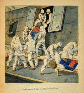 La Guerre à Madagascar - Histoire anecdotique des expéditions françaises de 1885-1895 par Henri Galli dit Gallichet (1854-1922), illustrée par Louis Bombled (1862-1927) : Débarquement à Alger en 1895 des troupes malades du navire-hôpital le Shamrock de Mad
