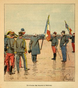 La Guerre à Madagascar - Histoire anecdotique des expéditions françaises de 1885-1895 par Henri Galli dit Gallichet (1854-1922), illustrée par Louis Bombled (1862-1927) : Distribution de drapeaux à Sathonay aux troupes partant pour Madagascar en 1895 en pr - Louis Charles Bombled