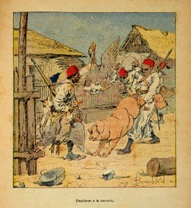 La Guerre à Madagascar - Histoire anecdotique des expéditions françaises de 1885-1895 par Henri Galli dit Gallichet (1854-1922), illustrée par Louis Bombled (1862-1927) : Pillage des tirailleurs dans les fermes, Collection privée