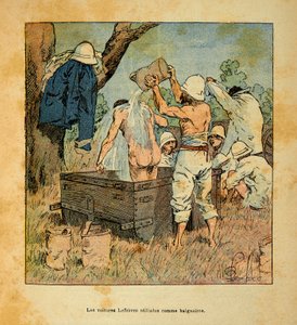 La Guerre à Madagascar - Histoire anecdotique des expéditions françaises de 1885-1895 par Henri Galli dit Gallichet (1854-1922), illustrée par Louis Bombled (1862-1927) : Les voitures Lefebvre utilisées comme baignoire par les soldats en 1895 à Madagascar, - Louis Charles Bombled