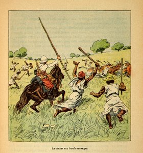 La Guerre à Madagascar - Histoire anecdotique des expéditions françaises de 1885-1895 par Henri Galli dit Gallichet (1854-1922), illustrée par Louis Bombled (1862-1927) : La chasse aux bœufs sauvages à Madagascar en 1895, Collection privée - Louis Charles Bombled