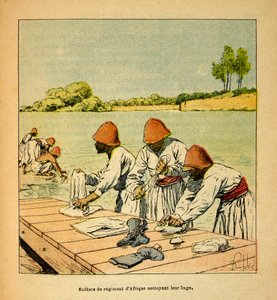La Guerre à Madagascar - Histoire anecdotique des expéditions françaises de 1885-1895 par Henri Galli dit Gallichet (1854-1922), illustrée par Louis Bombled (1862-1927) : Soldats du régiment africain nettoyant leur linge sur les rives d