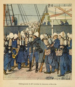 La Guerre à Madagascar - Histoire anecdotique des expéditions françaises de 1885-1895 par Henri Galli dit Galllichet, illustrée par Louis Bombled : Embarquement du 40e bataillon de chasseurs à Marseille pour Madagascar en 1895