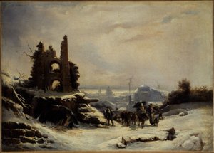 Le retour du marché (effet de neige sur Paris), vers 1830 (huile sur toile) - Louis Claude Mallebranche