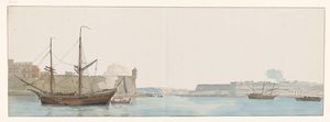 Vue sous le château St. Ange dans le port des galères à Malte (Voyage en Italie, en Sicile et à Malte - 1778) - Louis Ducros