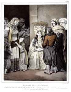 Mariage grec à Athènes - Voyage à Athènes et Constantinople, collection de portraits grecs et ottomans, vues et costumes, lithographies et coloriées par Louis Dupre (1789-1837), élève de David