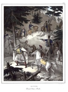 Le Pinde, traversée de Janina à Tricala. dans "Voyage à Athènes et Constantinople, ou collection de portraits grecs et ottomans, vues et costumes, peints sur place ou d