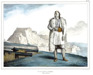 Un Suliote à Corfou, Nicolo Pervoli, dans « Voyage à Athènes et Constantinople, ou collection de portraits, vues et costumes grecs et ottomans, peints sur place d