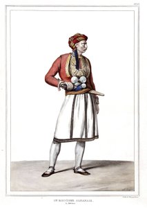 Un boucher albanais à Athènes. dans « Voyage à Athènes et Constantinople, ou collection de portraits, vues et costumes grecs et ottomans, peints sur les lieux de nature, lithographiés et coloriés par Louis Dupré (1789-1837), élève de David.1825. - Louis Dupré