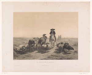 Boer en herder met koeien en schapen op weg naar de markt