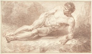 Nu masculin, couché sur le côté, appuyé sur le bras gauche