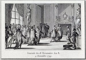 Consulat: "Napoléon Bonaparte (1769-1821) à la réunion de Saint Cloud le 18 brumaire (9/11/1799)" Le Coup d